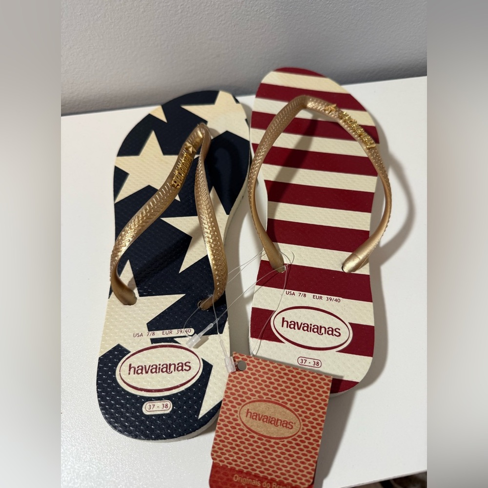 Havaianas Patriotic Red, White, and Blue Flip Flops with Gold Straps